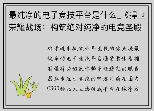 最纯净的电子竞技平台是什么_《捍卫荣耀战场：构筑绝对纯净的电竞圣殿》