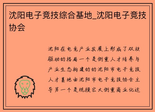 沈阳电子竞技综合基地_沈阳电子竞技协会